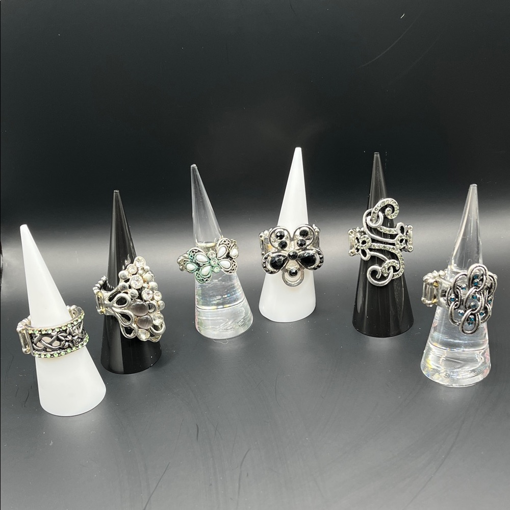 6 Stretchy Silver tone Statement Rings Set - Mixed Gem